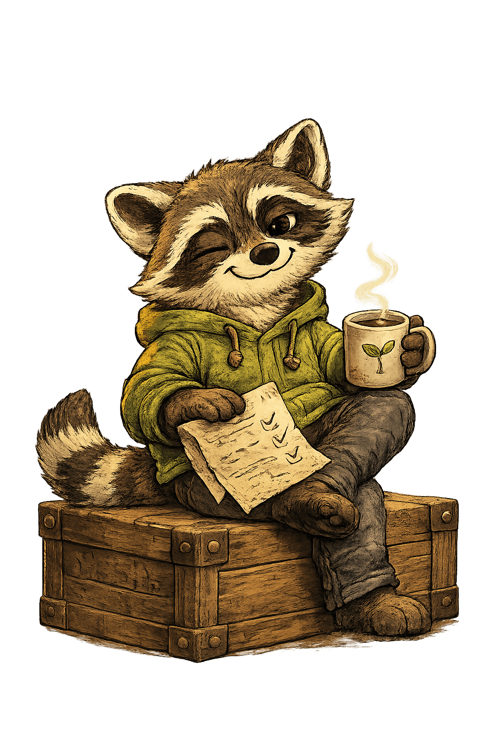 The raccoon guide with a checklist and coffee, waving you aboard
