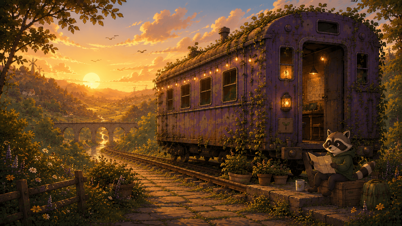A purple train wagon with lit windows reclaimed by plants at sunset, a path leading toward it and a friendly raccoon reading a map nearby.